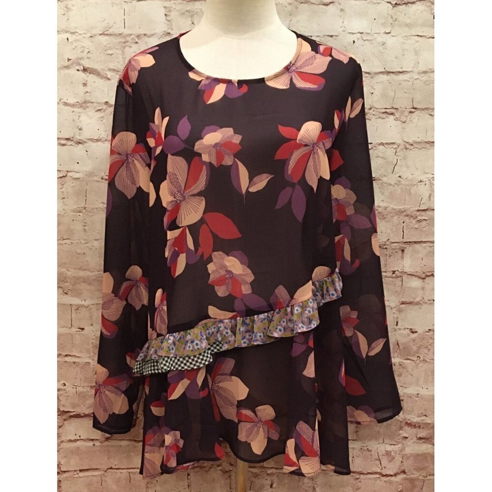 LOGO Lori Goldstein Womens S Blouse Purple Floral Sheer Ruffle Trim Long Sleeve